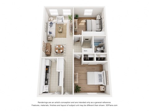 A floor plan of a two-bedroom apartment with a kitchen, living room, and bathroom.